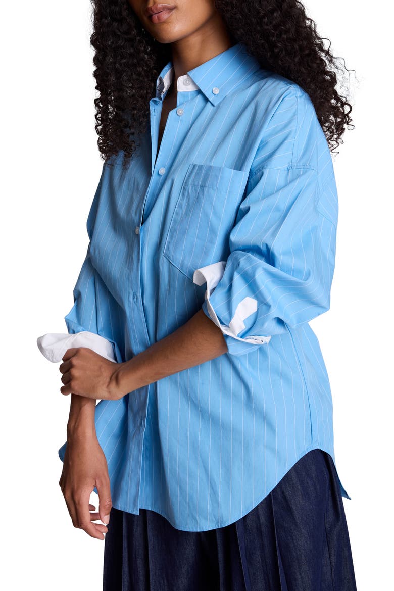 Pinstriped Cotton Button-Up Shirt, Alternate, color, LAKE BLUE/WHITE