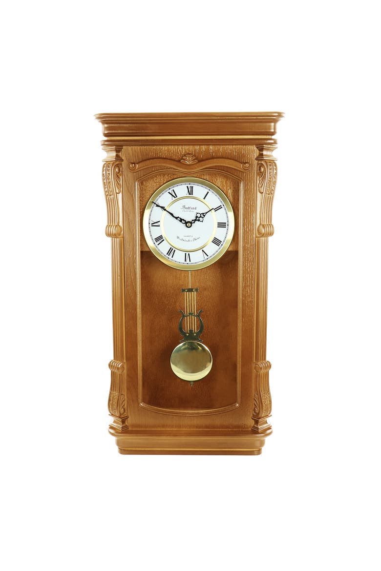 Rectangular Chiming Pendulum Wall Clock, Main, color, Golden Oak