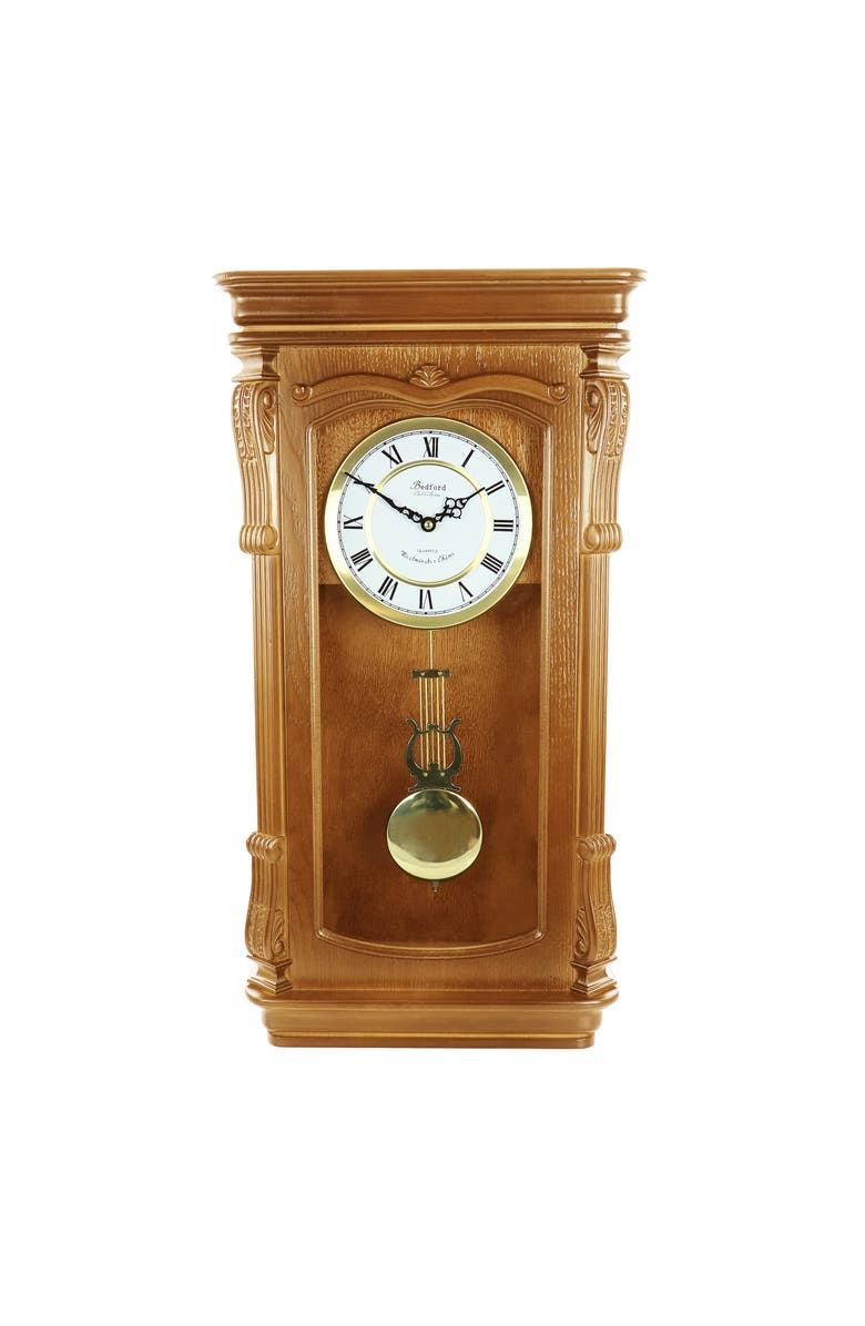 Bedford Clock Collection Rectangular Chiming Pendulum Wall Clock, Main, color, Golden Oak