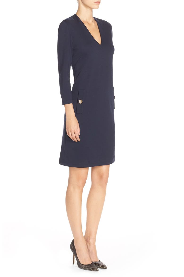 Button Pockets Ponte A-Line Dress, Alternate, color, NAVY
