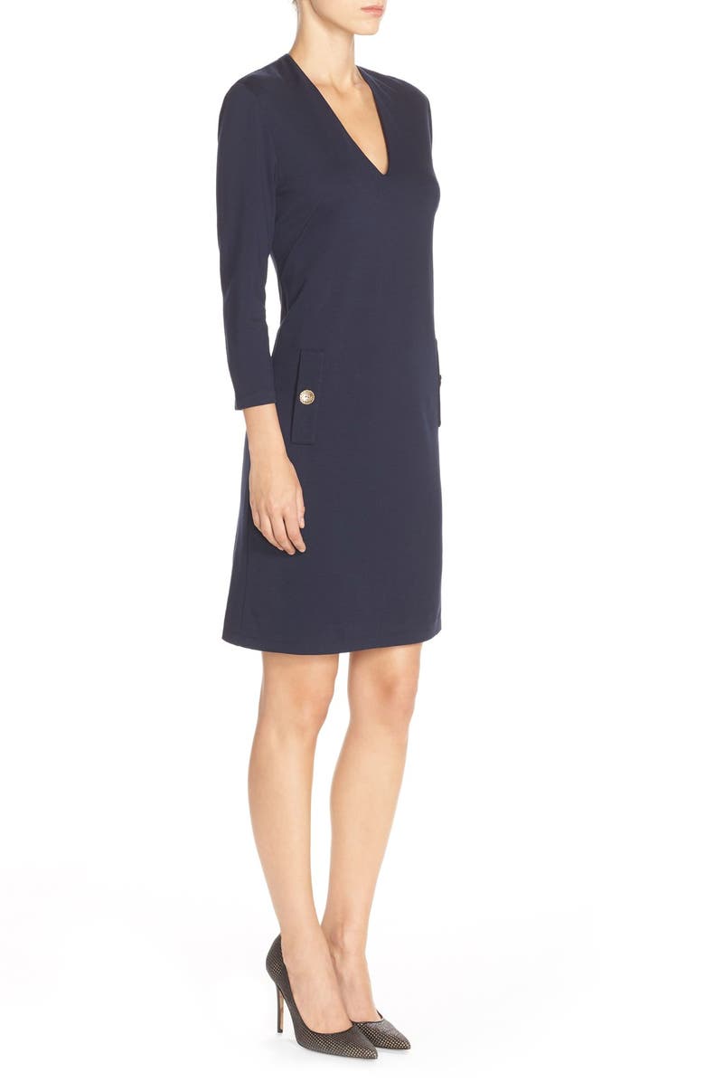 Eliza J Button Pockets Ponte A-Line Dress, Alternate, color,