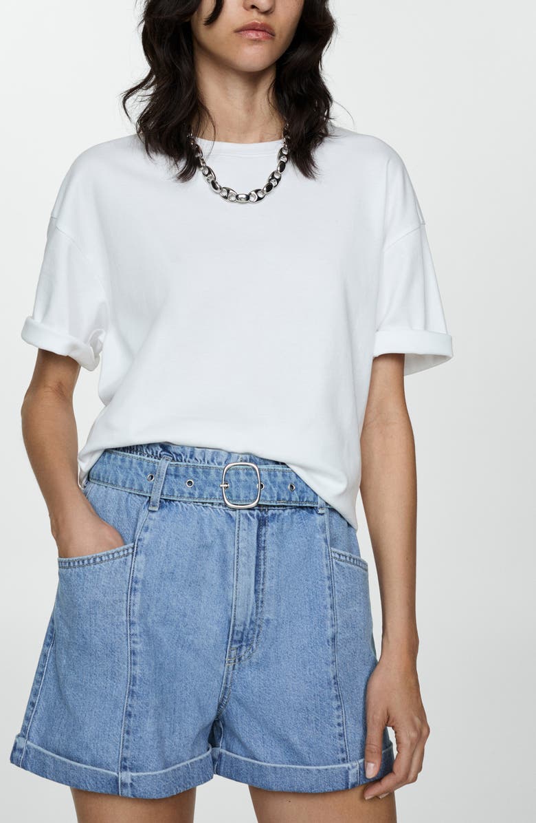 MANGO Paperbag Waist Belted Denim Shorts, Alternate, color, 