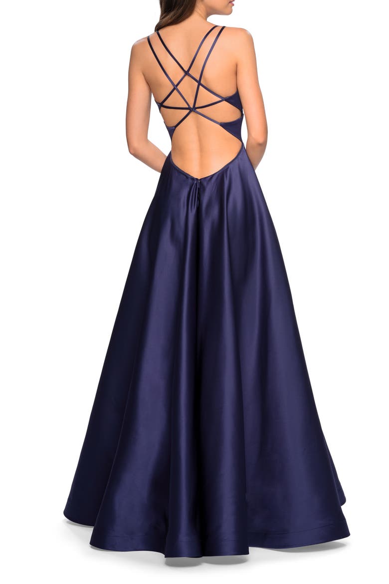 Long Satin Formal Gown with Leg Slit and Strappy Back, Alternate, color, Navy