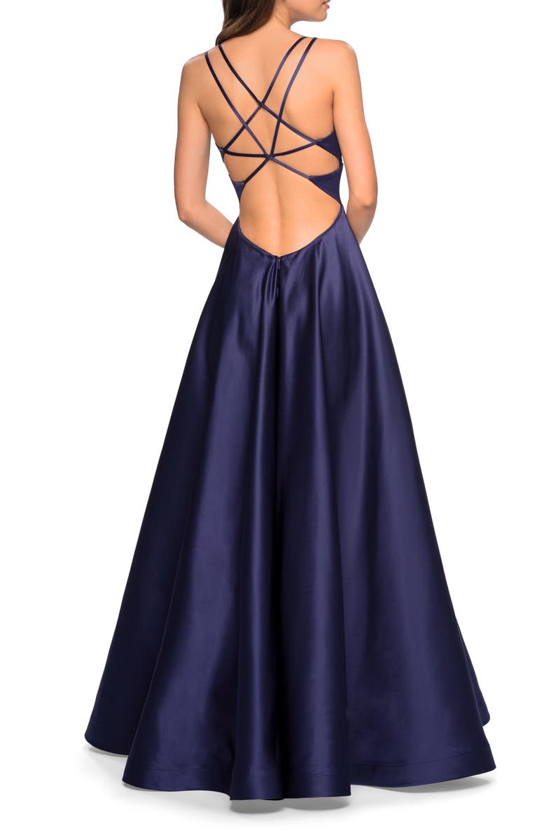 La Femme Long Satin Formal Gown with Leg Slit and Strappy Back, Alternate, color, Navy