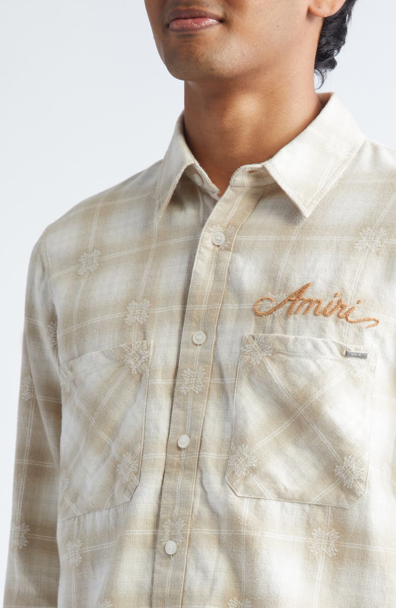 AMIRI Bleach Bandana Patch Flannel Button-Up Shirt, Alternate, color, Light Camel