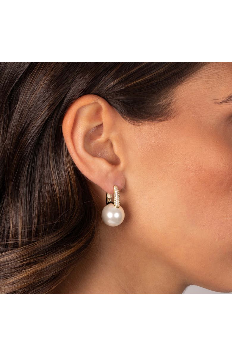 BY ADINA EDEN Pave X Drop Pearl Square Huggie Earring, Alternate, color,