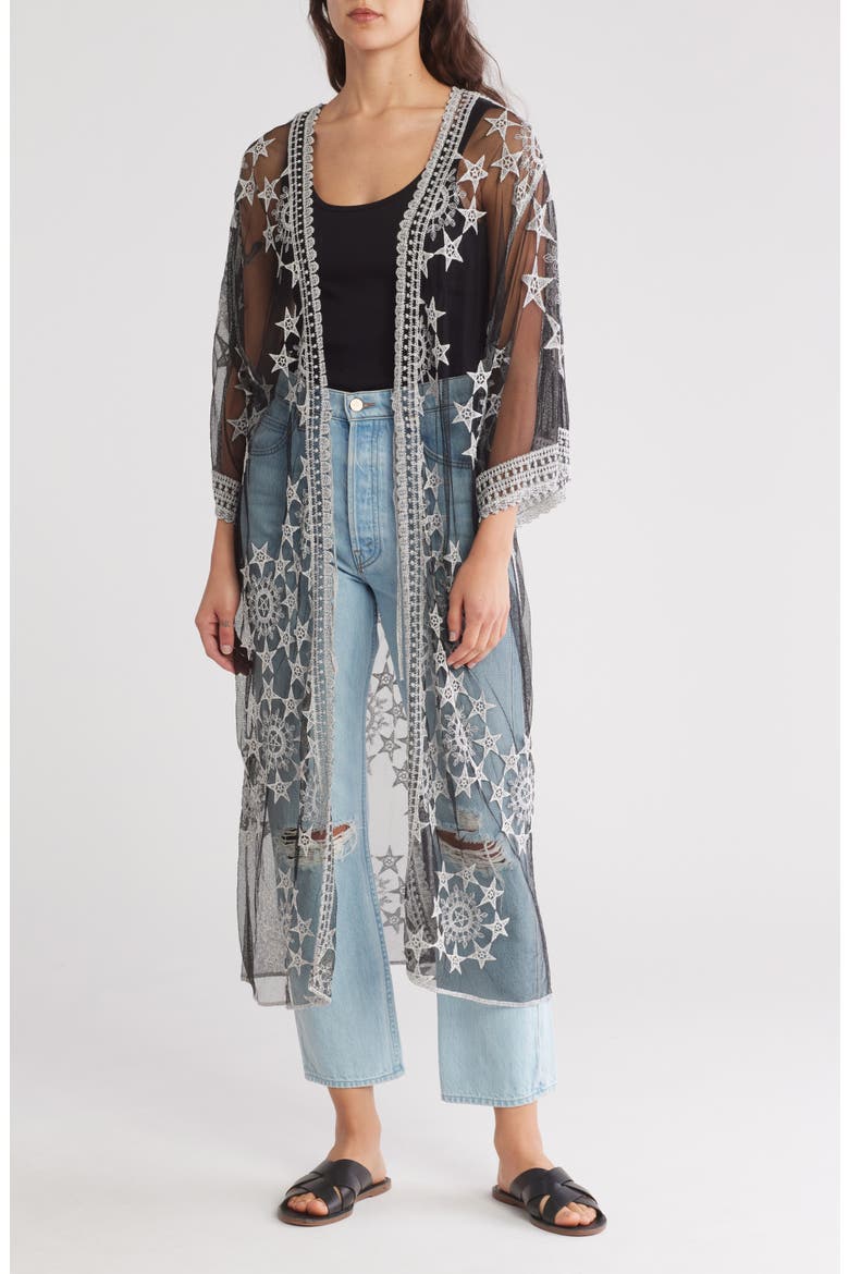 Embroidered Tie Front Duster, Main, color, BLACK/ WHITE