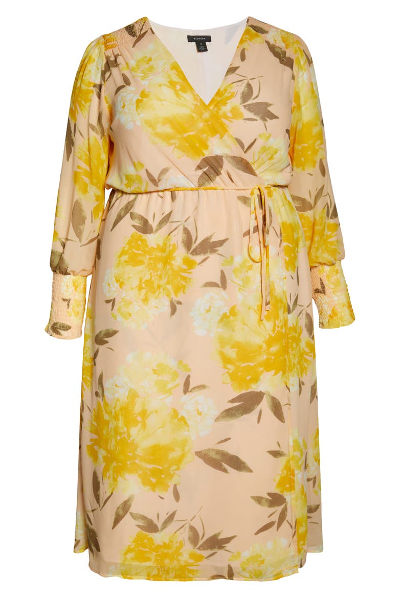 Wrap Front Long Sleeve Midi Dress, Alternate, color, PINK PEACH- YELLOW FLRL