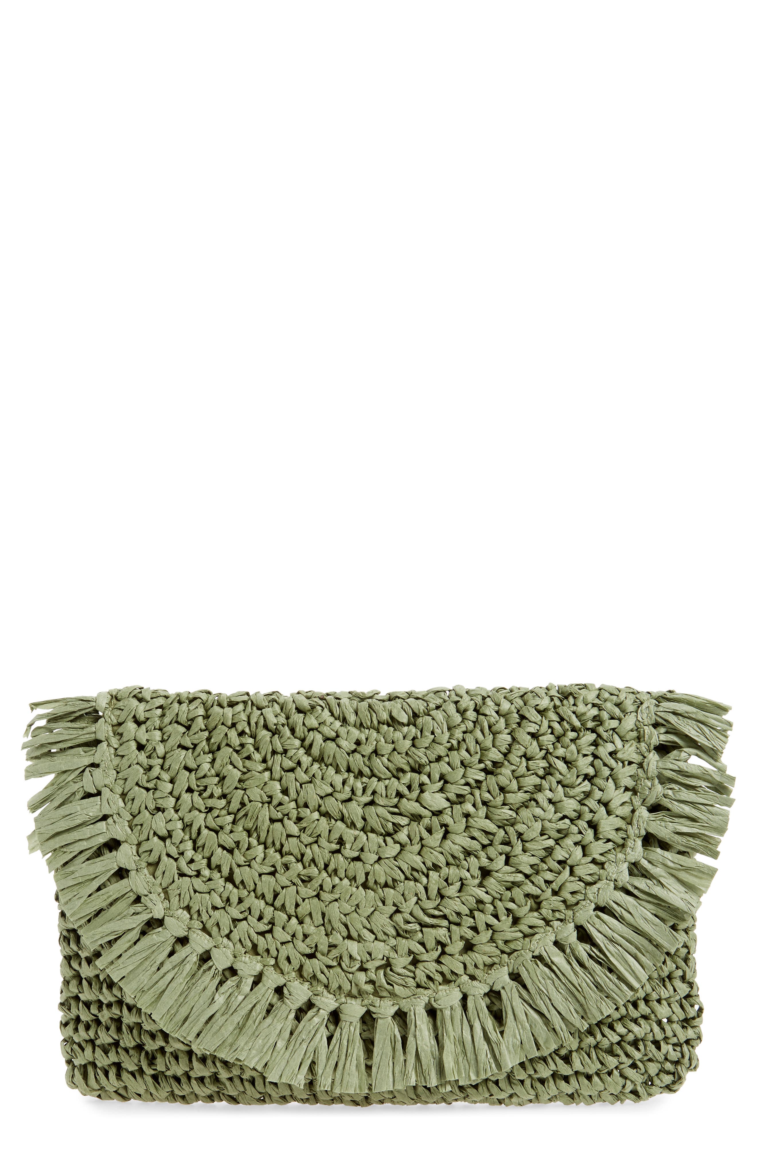 Clara Soft Straw Clutch, Main, color, GREEN HOPPER