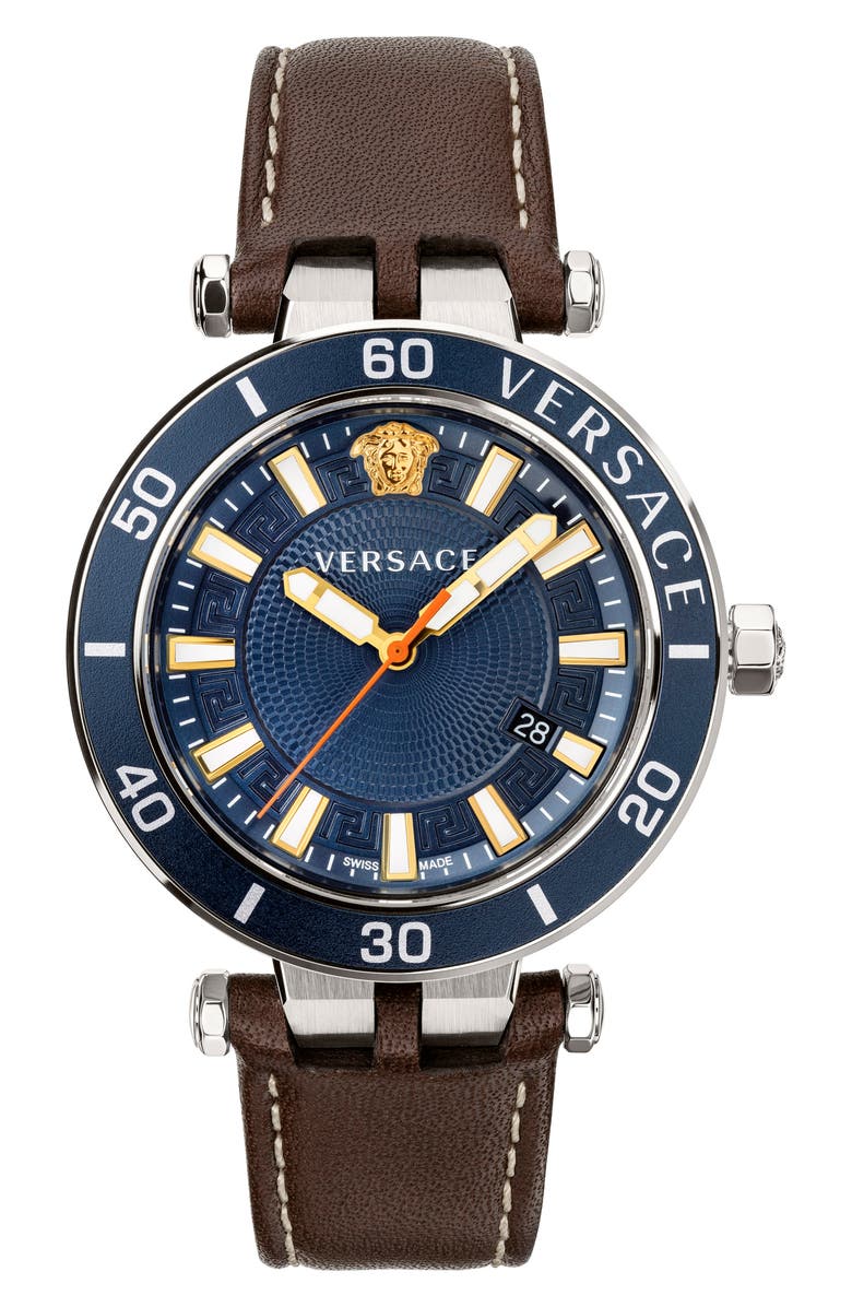 Versace Greca Sport Leather Strap Watch, 43mm, Main, color, 
