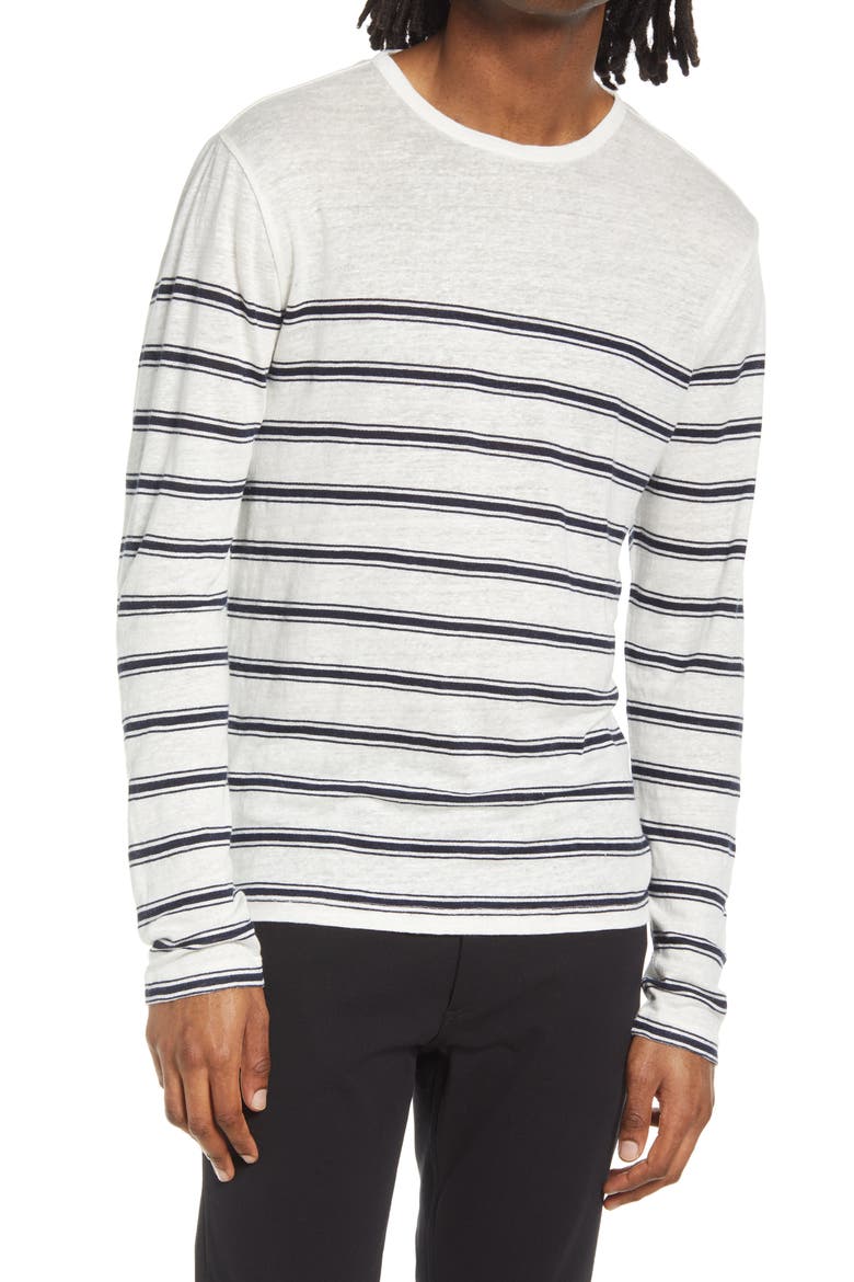 Stripe Crewneck Linen Sweater, Main, color, OPTIC WHITE/ COASTAL