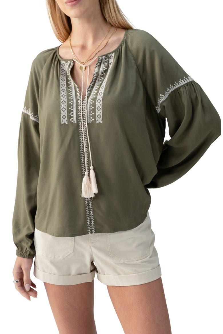 Embroidered Tie Neck Top, Main, color, BURNT OLIVE