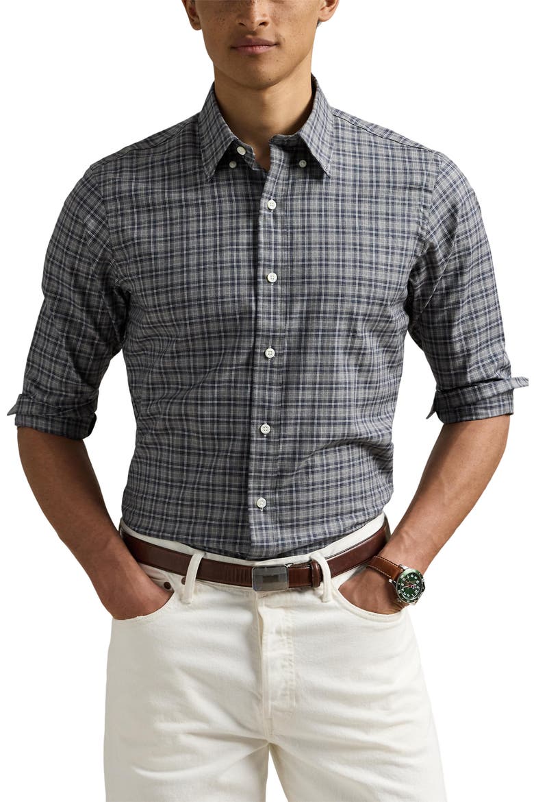 Classic Fit Plaid Cotton Twill Button-Up Shirt, Main, color, GREY NAVY HEATHER MULTI
