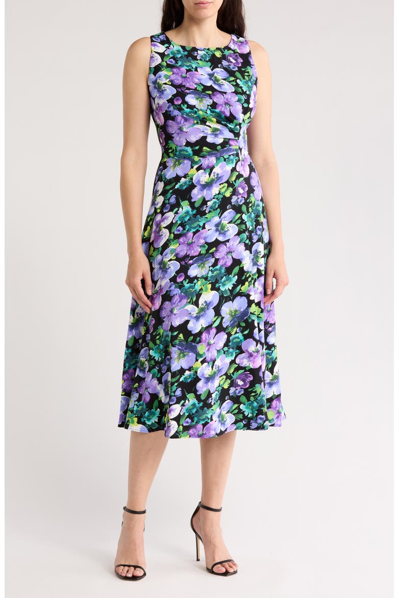 Floral Sleeveless Pleated Waist A-Line Midi Dress, Main, color, BLACK