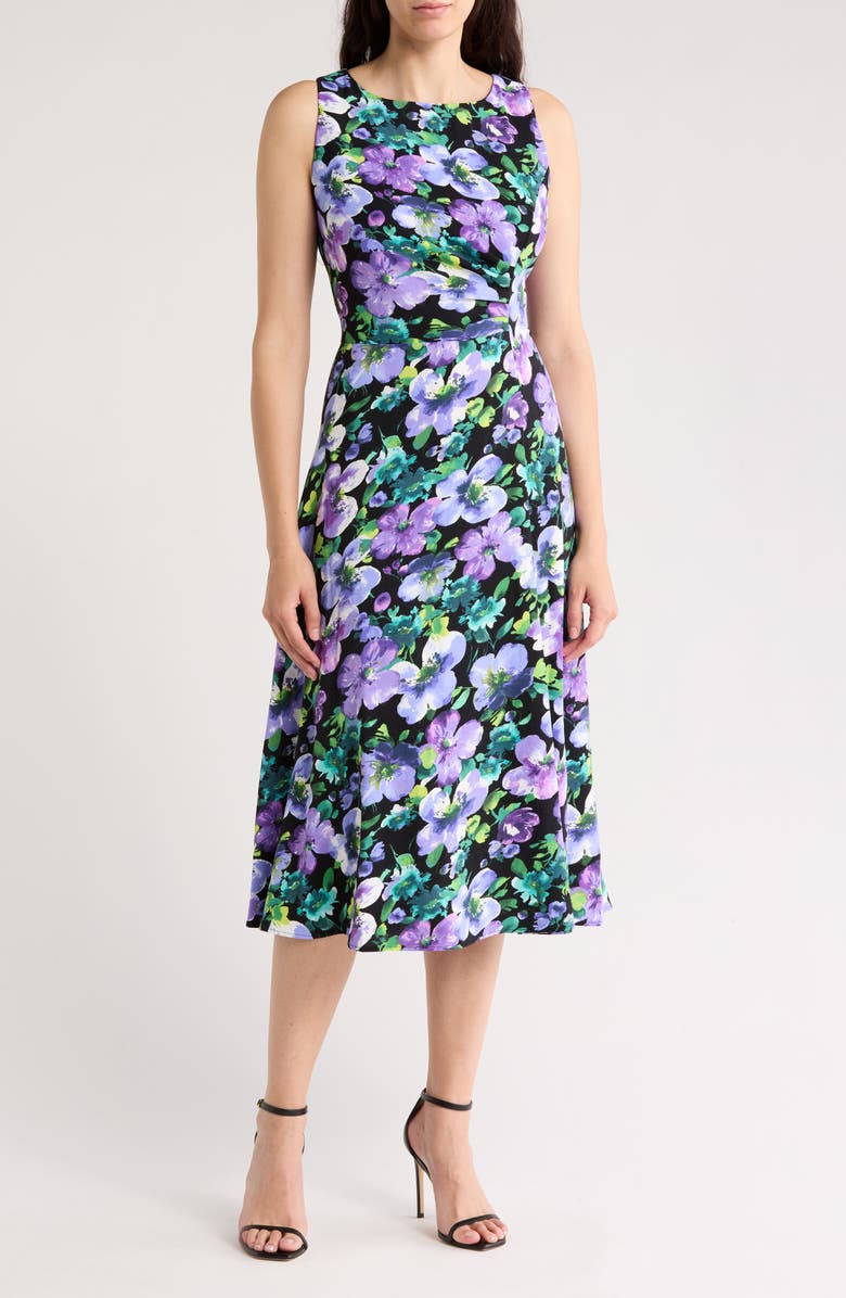 Connected Apparel Floral Sleeveless Pleated Waist A-Line Midi Dress, Main, color,