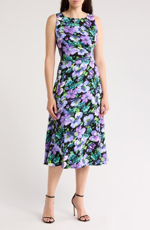 Floral Sleeveless Pleated Waist A-Line Midi Dress