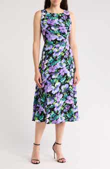 Connected Apparel Floral Sleeveless Pleated Waist A-Line Midi Dress