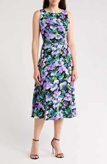Connected Apparel Floral Sleeveless Pleated Waist A-Line Midi Dress