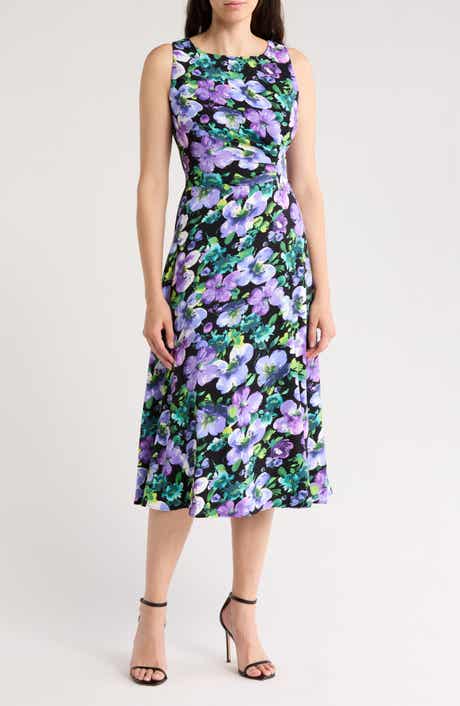 Connected Apparel Floral Sleeveless Pleated Waist A-Line Midi Dress
