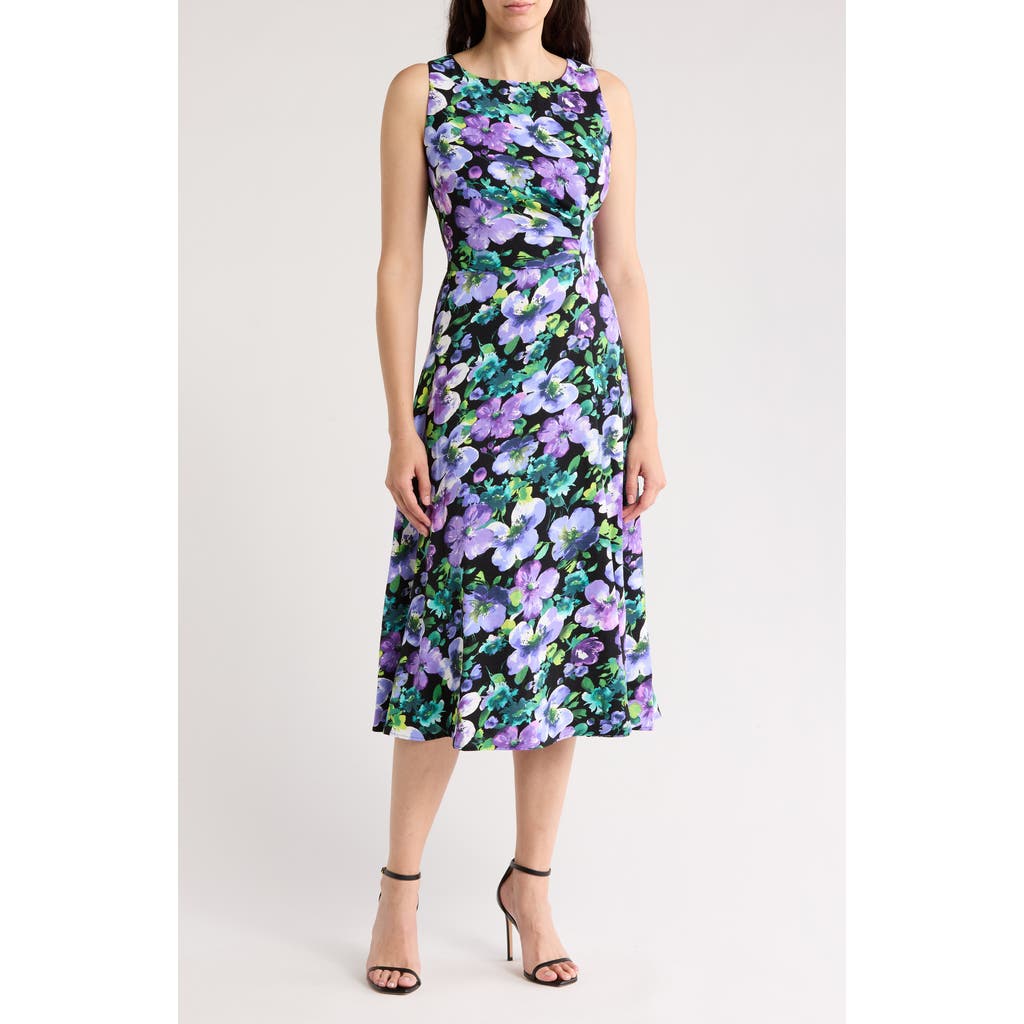Connected Apparel Floral Sleeveless Pleated Waist A-line Midi Dress