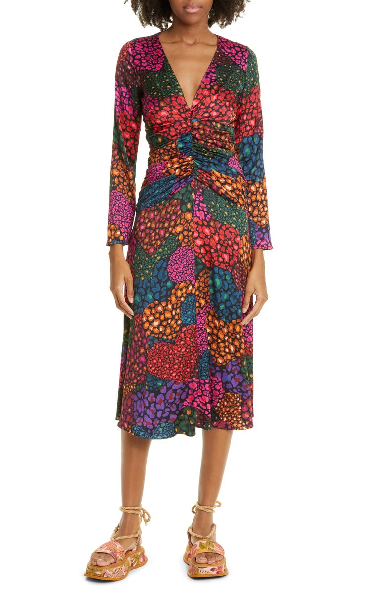 FARM Rio Rainbow Hearts Ruched Long Sleeve Midi Dress, Main, color,