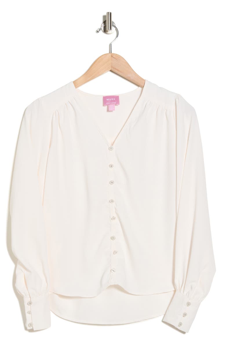 Muse Shirred Button-Up Top, Alternate, color, White