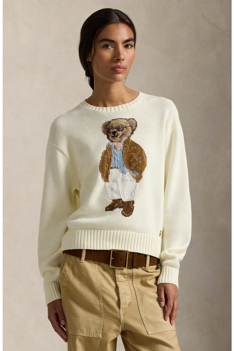 Traveler Bear Jacquard Cotton Crewneck Sweater, Alternate, color, PARCHMENT CREAM