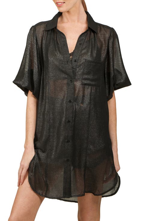Oversize Metallic Button-Up Tunic Shirt