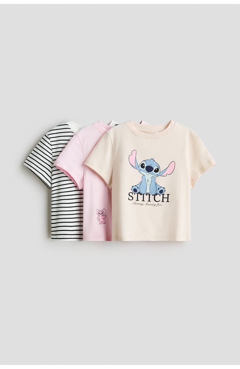 H&M 3-pack printed jersey tops, Main, color, Beige/Lilo & Stitch