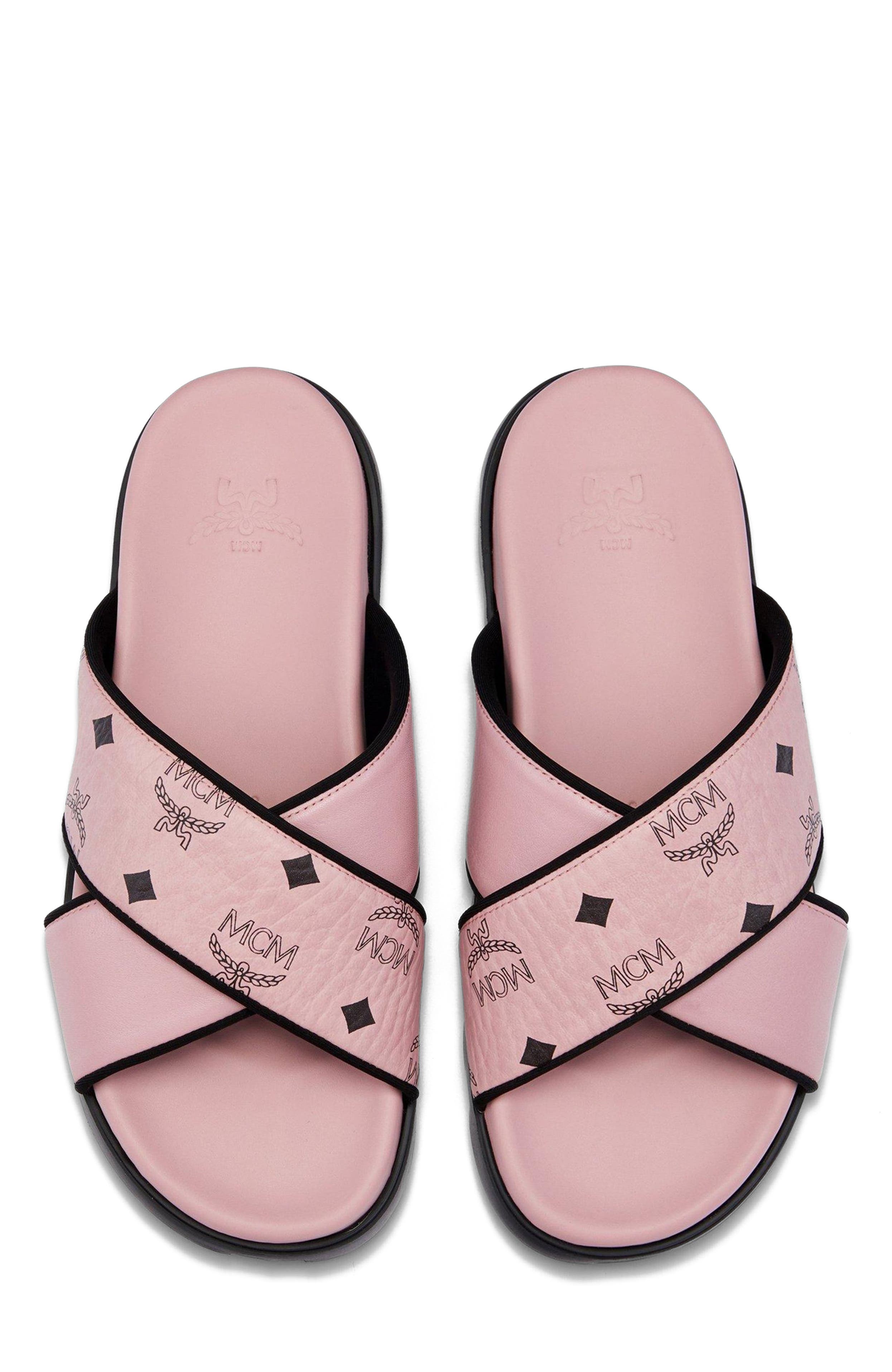 MCM Cross Sandal in Visetos Leather Mix, Alternate, color, Soft Pink