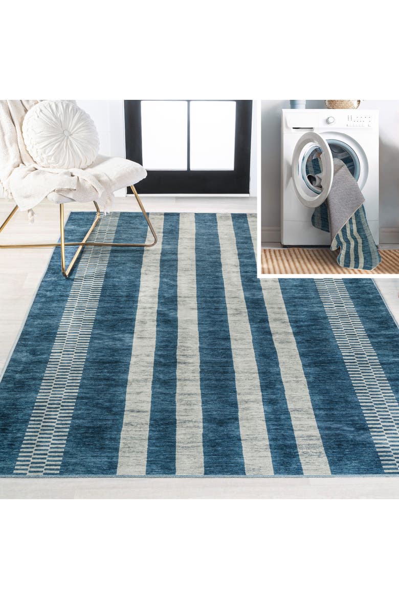 Vichy Geometric Striped Machine-Washable Area Rug, Main, color, Blue/Cream
