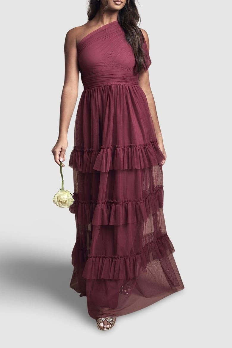 Pleated One Shoulder Tiered Maxi Dress, Alternate, color, Berry