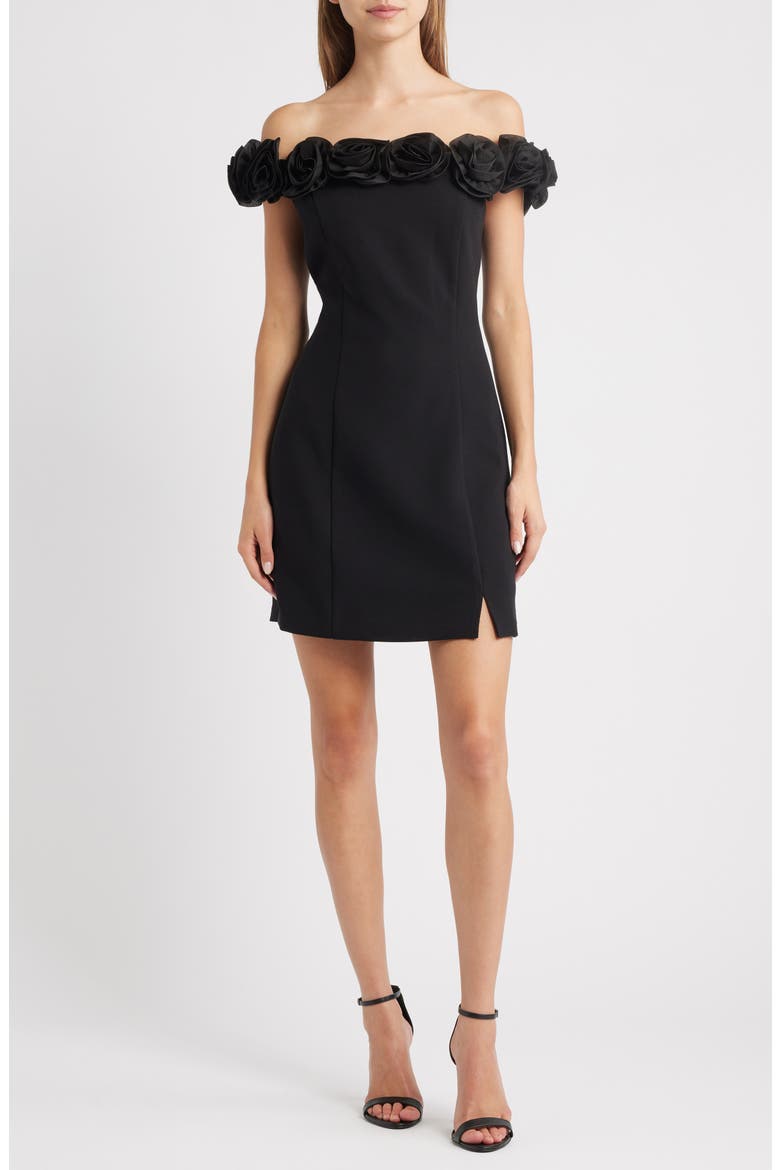 Lana Rosette Of the Shoulder Minidress, Main, color, BLACK