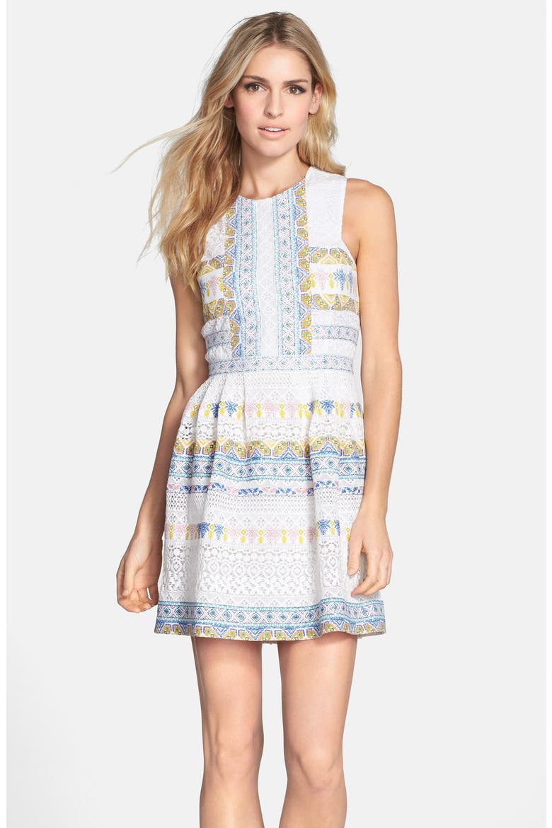 BCBG 'Cecile' Cotton Blend Fit & Flare Dress, Main, color, WHITE COMBO