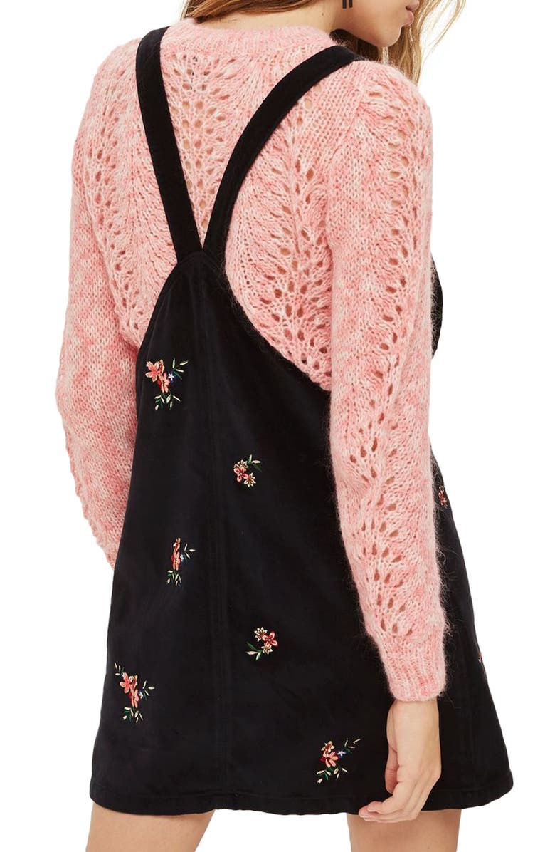 Topshop Embroidered Velvet Pinafore Dress, Alternate, color,