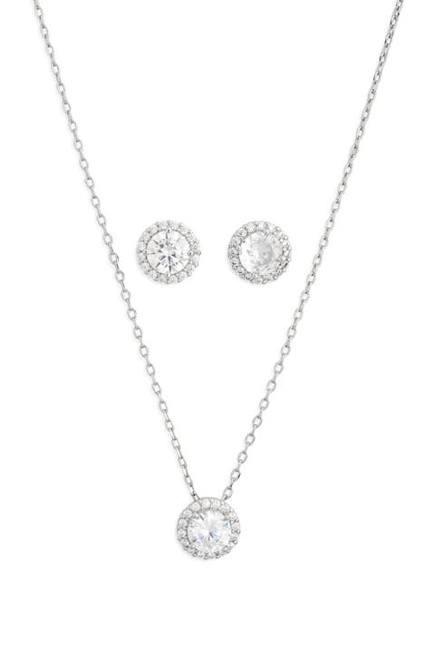 Cubic Zirconia Halo Stud Earrings & Necklace Set