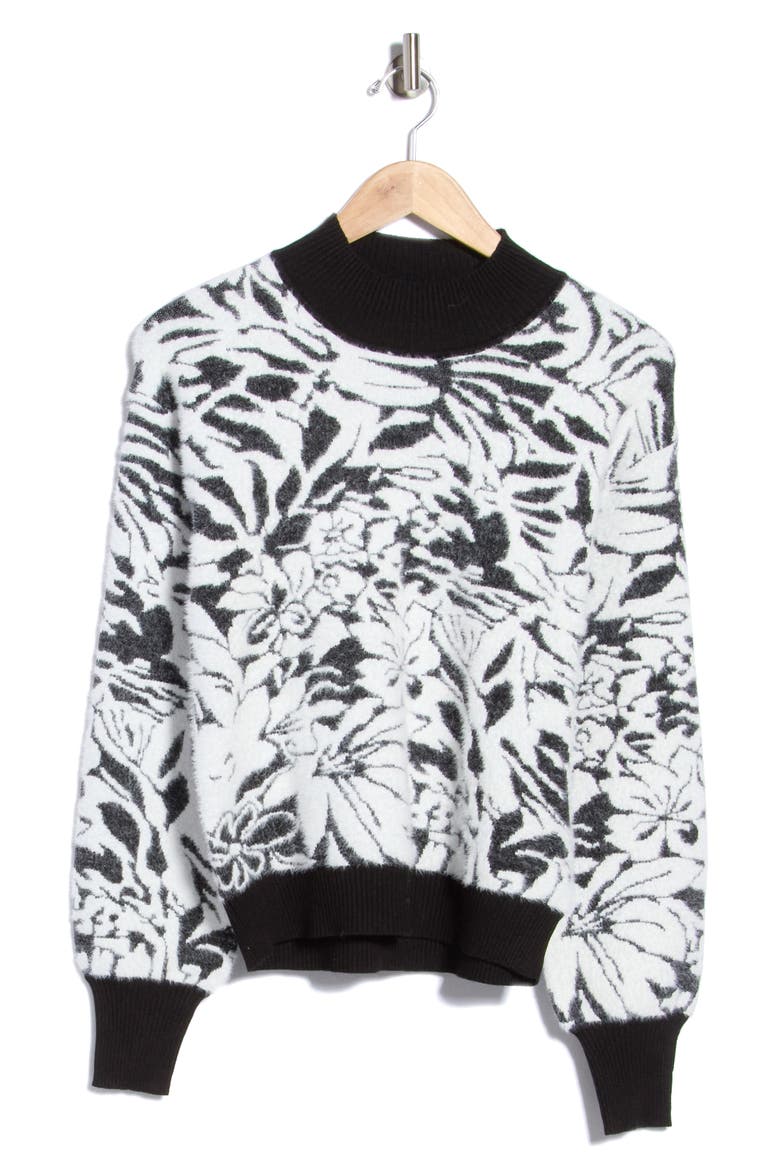 Balloon Sleeve Mock Neck Sweater, Alternate, color, BLACK/ IVORY