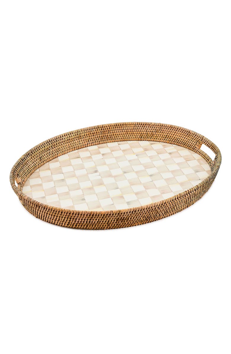 MACKENZIE CHILDS Mocha Check Enamel & Rattan Party Tray, Main, color, Mocha