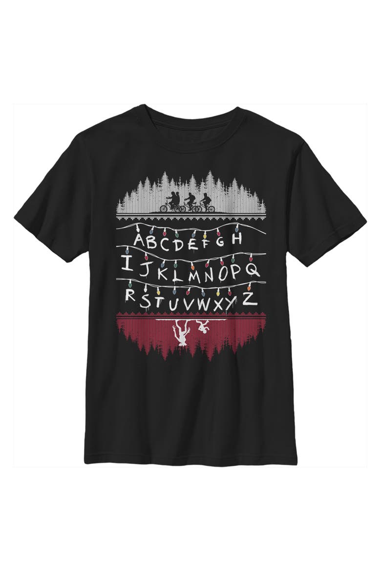 Boy's Stranger Things Christmas Light Message  Graphic T-Shirt, Main, color, Black