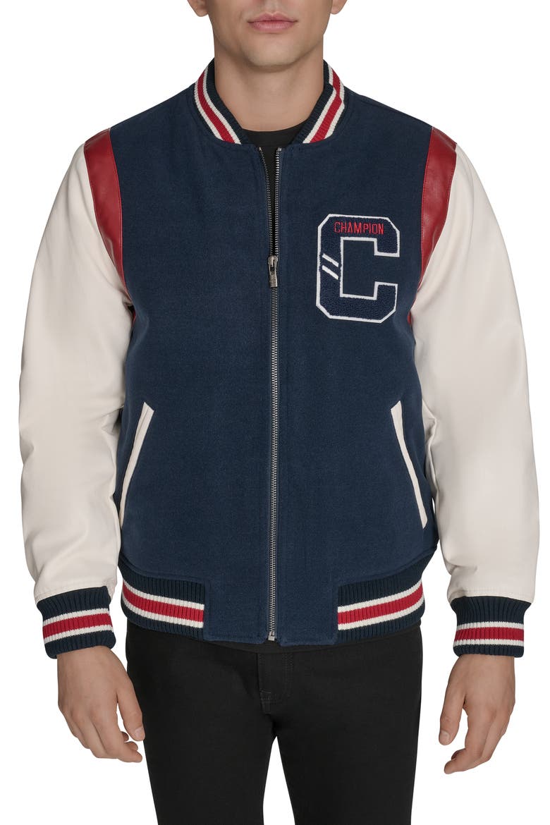 Varsity Patch Bomber Jacket, Main, color, NAVY/ IVORY