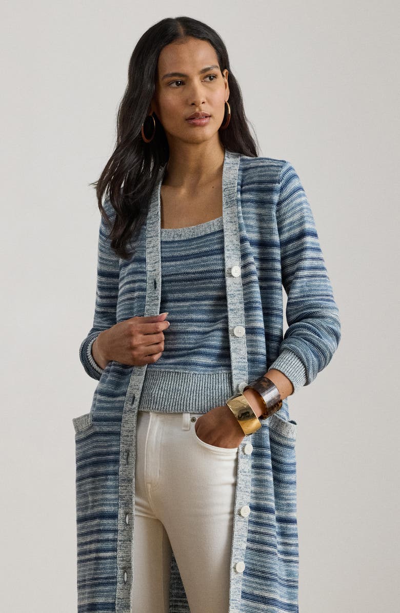 Lauren Ralph Lauren Stripe Linen & Cotton Long Cardigan, Alternate, color, Indigo/ Multi