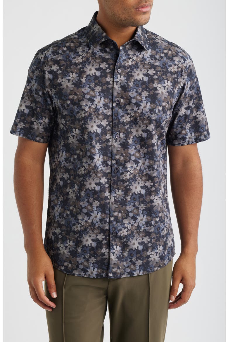 Kyoto Floral Short Sleeve Cotton Button-Up Shirt, Main, color, BLACK