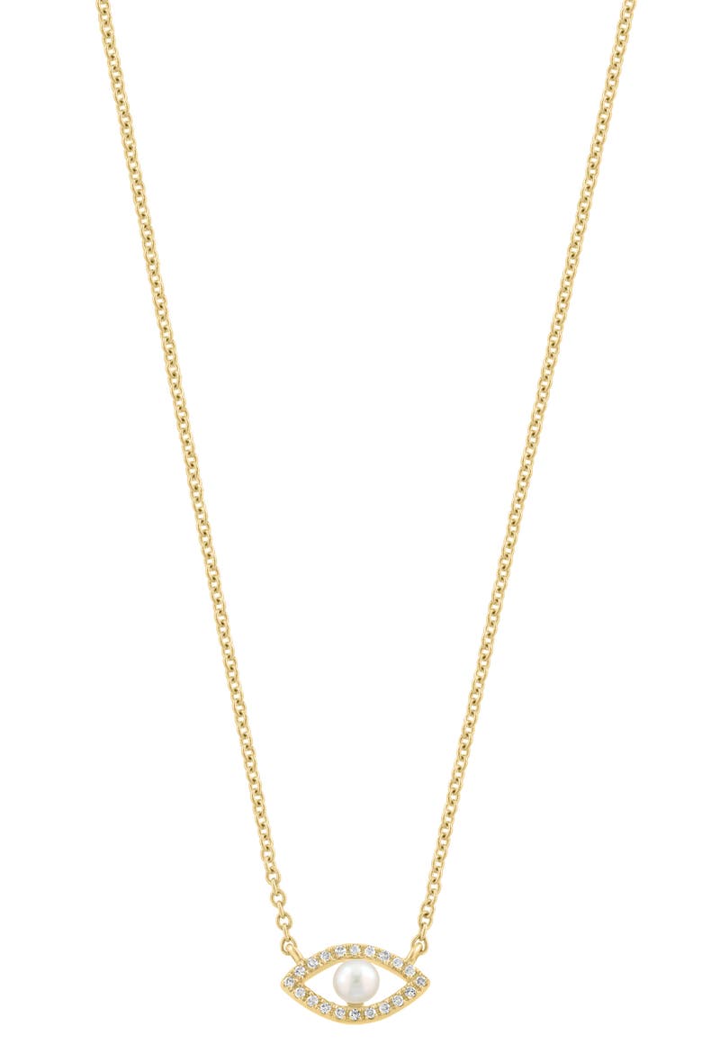 Diamond & Freshwater Pearl Evil Eye Pendant Necklace, Alternate, color, WHITE