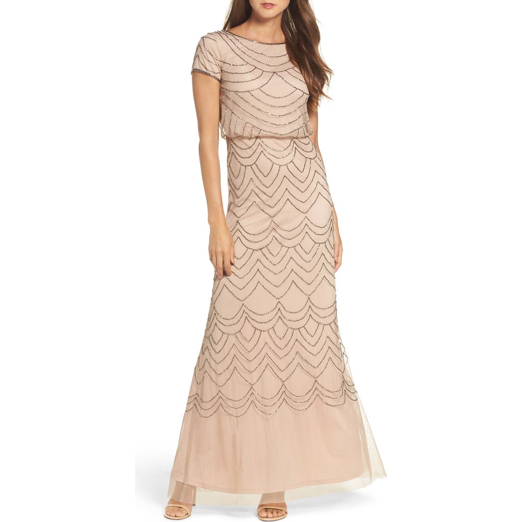 Adrianna Papell Beaded Blouson Gown In Taupe/pink
