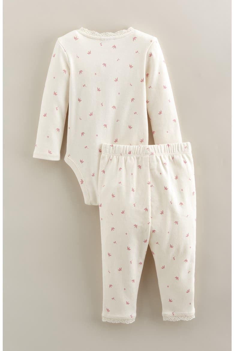 Kids' Lace Trim Print Bodysuit & Pants Set, Alternate, color, IVORY EGRET SPARROWS