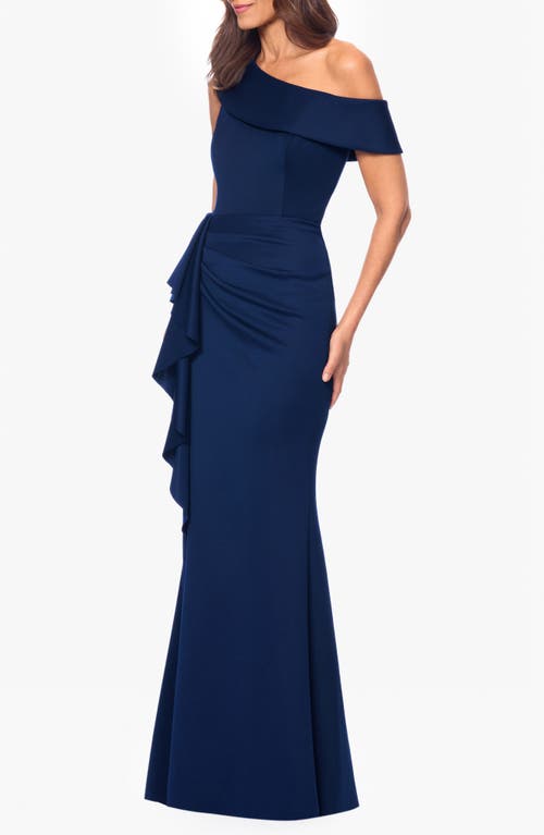 Xscape Evenings Ruffle One-shoulder Scuba Gown In Midnight