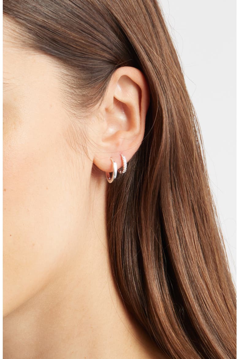 Set of 4 Demi Fine Essentials Stud & Hugging Hoop Earrings, Alternate, color, STERLING SILVER PLATED