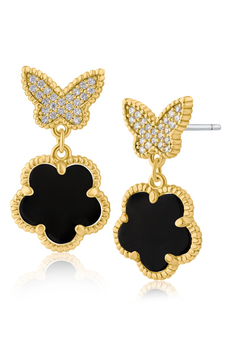 CZ by Kenneth Jay Lane Cubic Zirconia Pavé Butterfly Clover Drop Earrings, Main, color, Black/Gold
