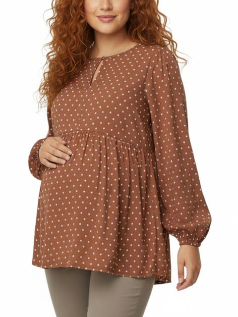 Long Sleeve Empire Waist Keyhole Woven Blouse