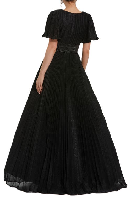 Mac Duggal Pleated Shimmering Georgette Flutter Sleeve Gown In Black